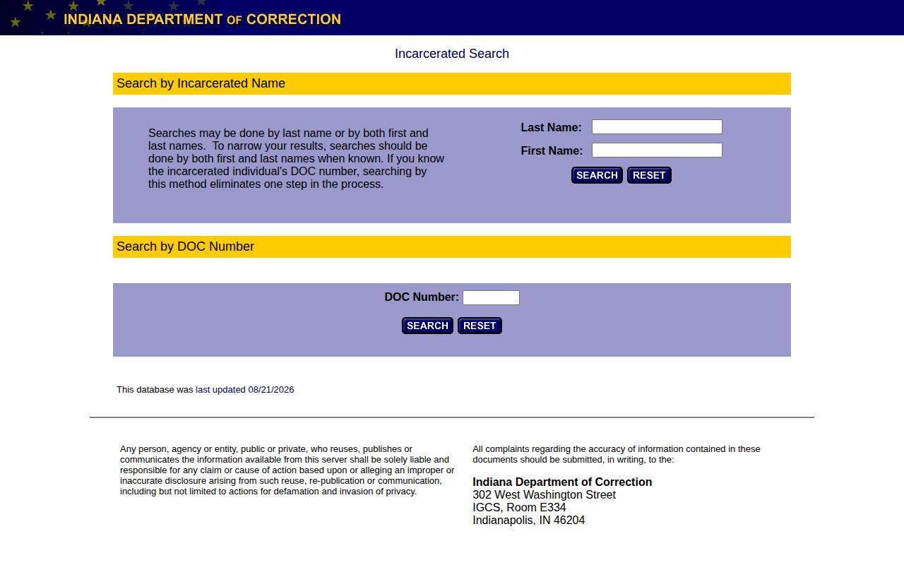 Indiana Department of Correction offender search interface