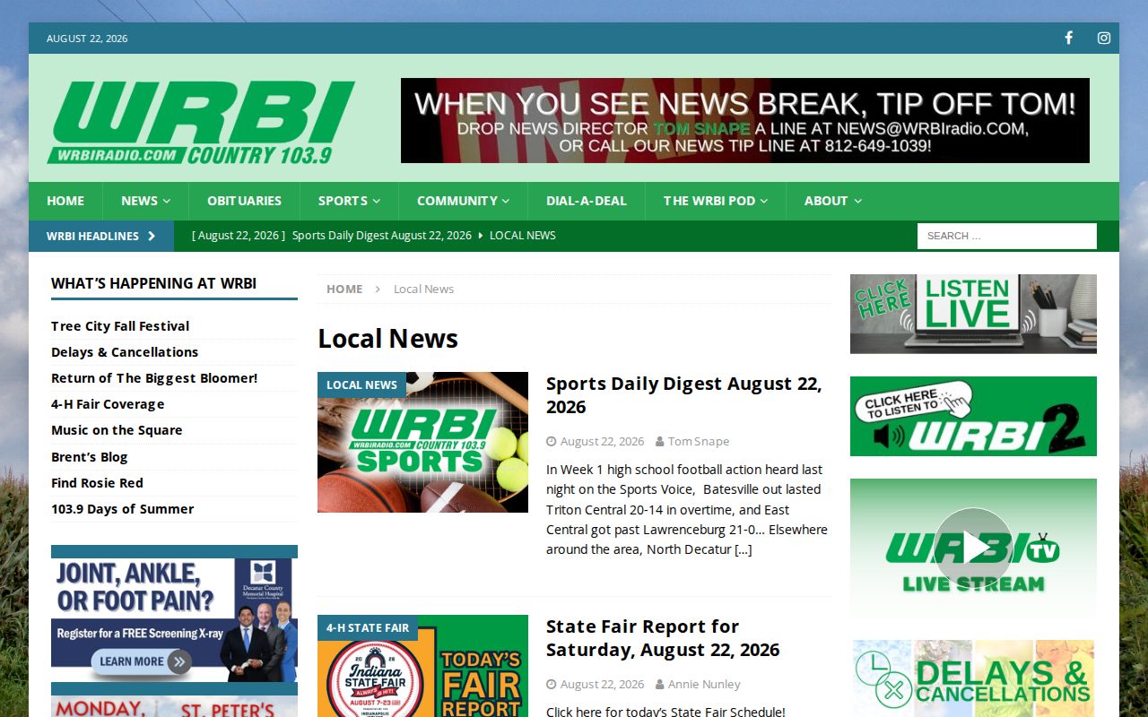 WRBI regional news page covering Decatur County