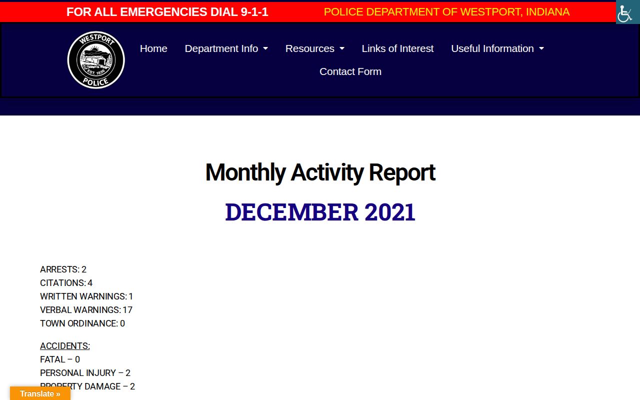 Westport Police aggregate arrest activity report in Decatur County